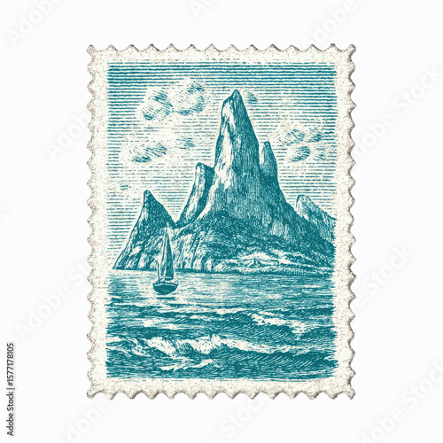 Vintage Postage Stamp Scenic Seascape with