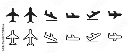 Airplane Icon Set in black feel or thin line icon for Travel, Aviation, Airport Navigation, Flight Booking, and Transportation Design Projects.
