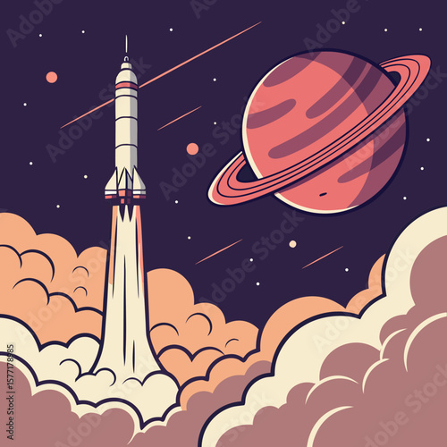 Cartoon Rocket Launching Towards a Planet