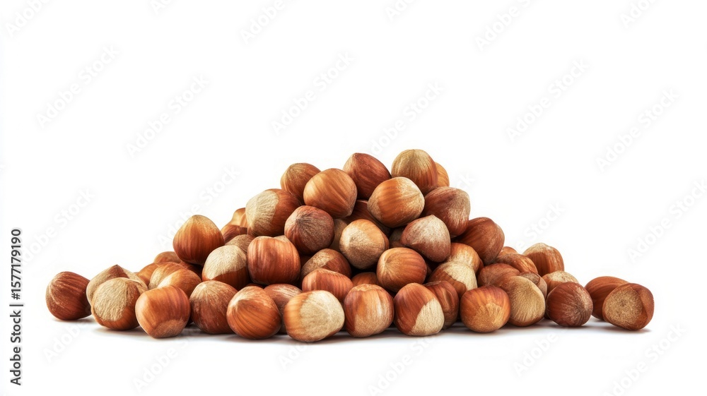 Pile of hazelnuts on white background. Neural network AI generated Pile of hazelnuts on white background. Neural network AI generated