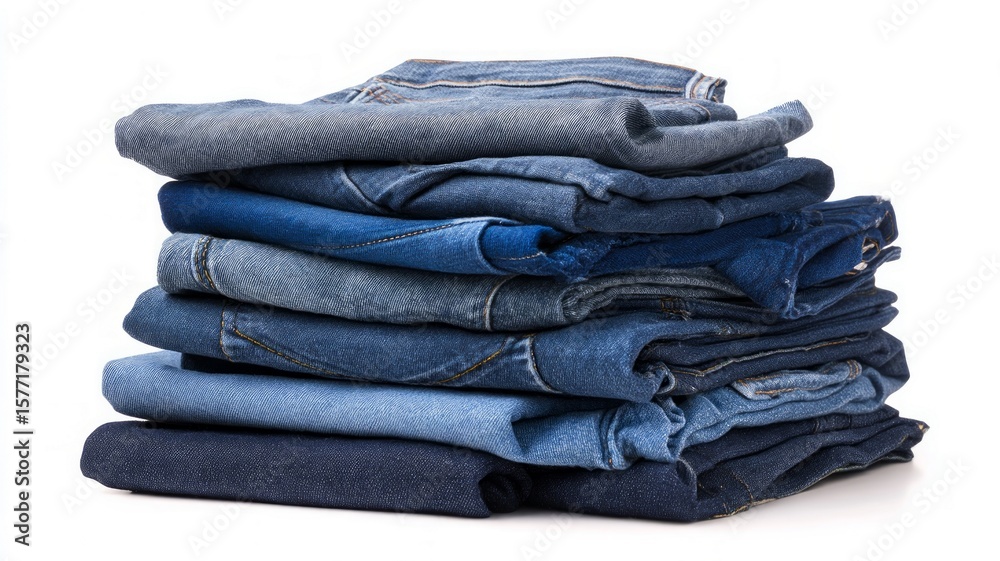 Stacked denim jeans on white background. Neural network AI generated Stacked denim jeans on white background. Neural network AI generated