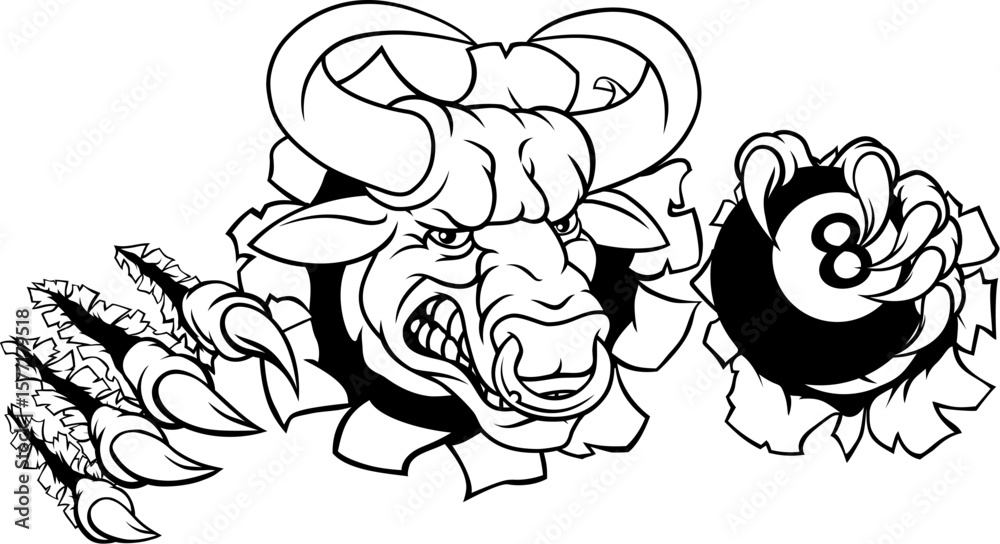 Fototapeta premium A bull or Minotaur monster longhorn cow angry mean pool mascot cartoon character.