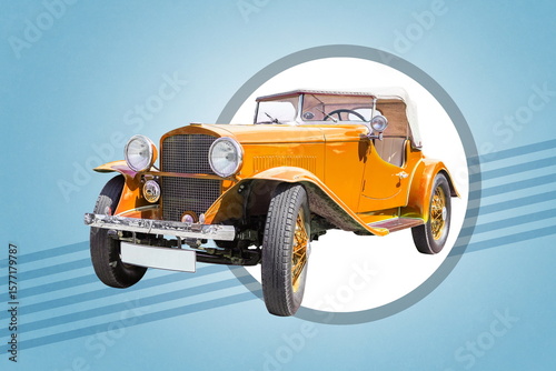 yellow retro car on blue background