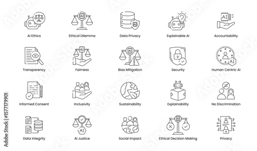 AI Ethics and Responsibility Icon Set – Featuring Data Privacy, Ethical Dilemma, Transparency, Fairness, Accountability, Bias Mitigation, Security. Vector outline icon set. 