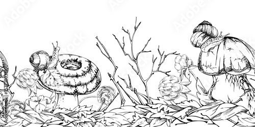 Bolete cep milk-cap mushroom with snail on top of fallen autumn leaves pile, cloudberry berries twigs. Fungus forest harvest. Seamless banner hand drawn in vector ink. Washi paper, wild food wrapping