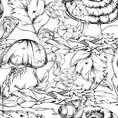 Bolete cep milk-cap mushroom with snail on fallen autumn leaves pile, cloudberry berries twigs. Seamless pattern hand drawn in vector ink. Forest harvest. Farmers market menu, home preserves wrapping