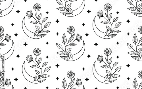 Black and white floral moon and star pattern flowers