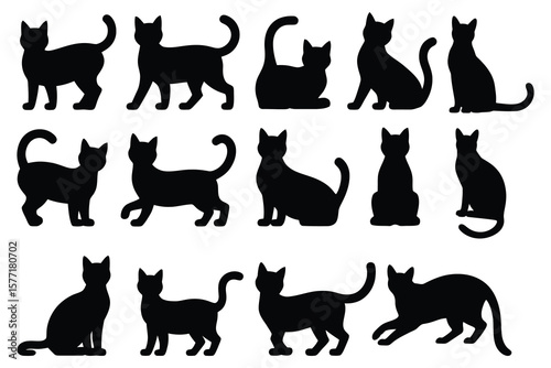 Black feline silhouettes in various poses cats white background