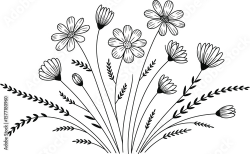 Black and White Floral Arrangement of Daisies and Foliage