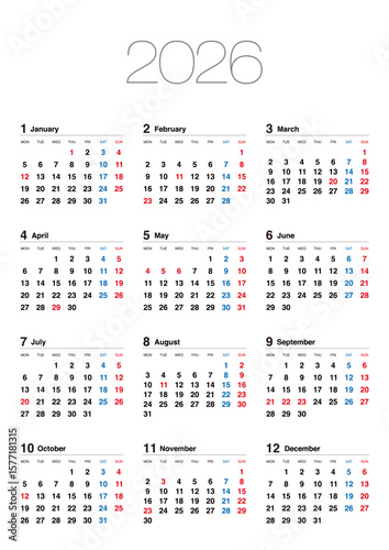 2026年の月曜始まりの年間カレンダーです。縦位置