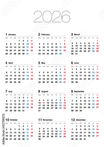 2026年の月曜始まりの年間カレンダーで、日本の祝日表記はありません。縦位置