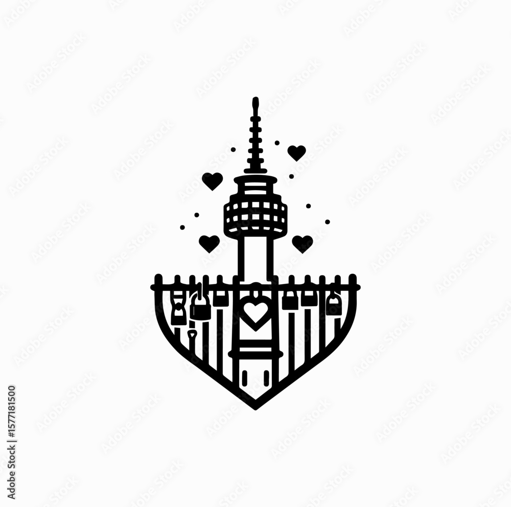 Minimalist Black Vector Logo of Namsan Tower with Love Locks Isolated on White Background Minimalist Black Vector Logo of Namsan Tower with Love Locks Isolated on White Background
