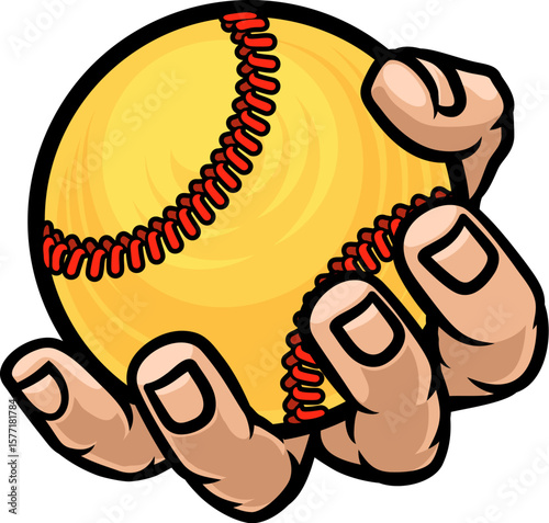 A mascot person hand or fist holding a softball ball