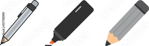 Illustration of writing instruments, including a pencil, pen, and marker.