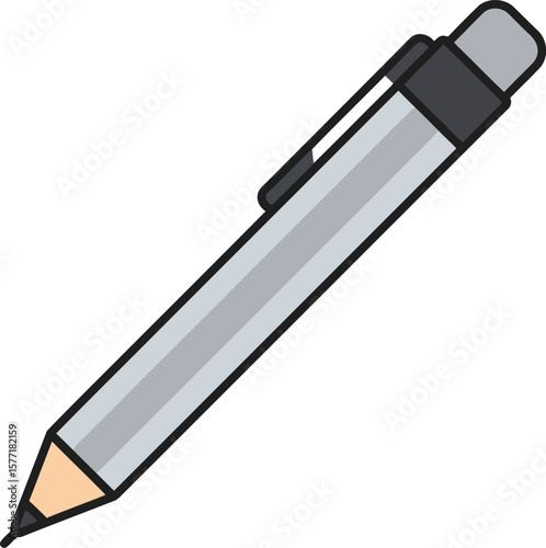 A silver-colored mechanical pencil with a black eraser and clip, angled against a white background.