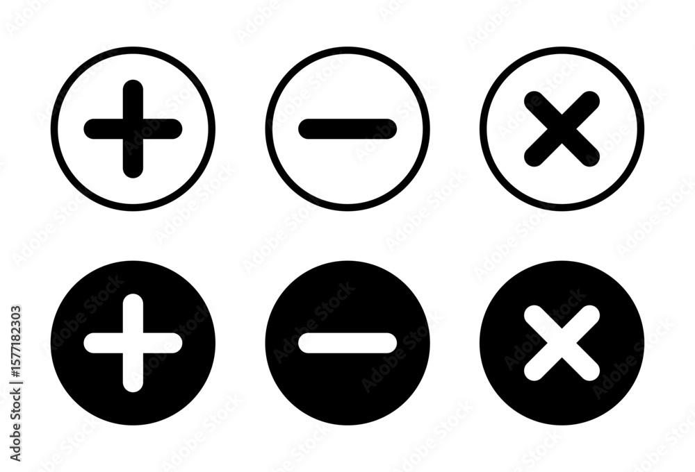 Add, remove, and delete icon. Plus, minus, and cross symbol in black circle Add, remove, and delete icon. Plus, minus, and cross symbol in black circle