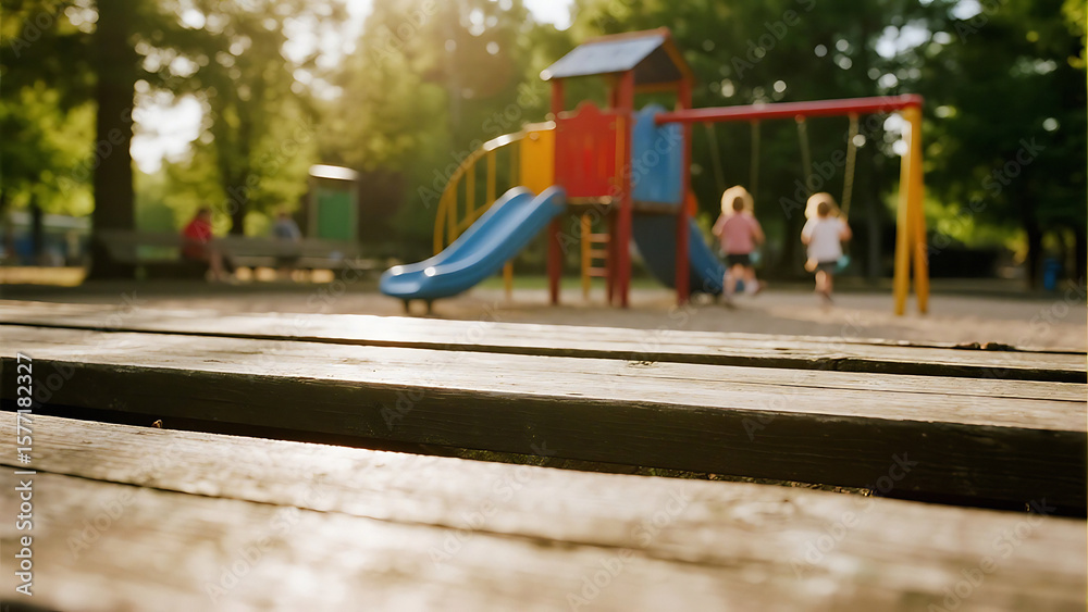 custom made wallpaper toronto digitalA playground with swings and a slide with children playing seen from a wooden picnic table view point
