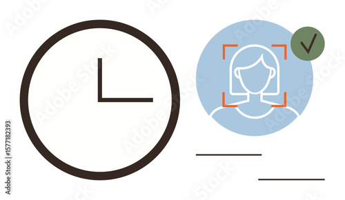 Clock and user face scan with red recognition frame and green checkmark signify time management, identity verification, AI, biometrics, digital security, technology access, efficient workflow. Ideal