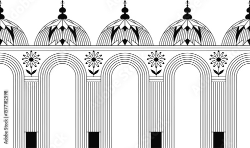 Black and white architectural pattern with domes arches and floral details