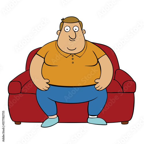 A fat man lounging on a sofa, relaxed with snacks in hand, enjoying his comfort zone, belly up, remote in reach, living a laid-back, cozy, unbothered lifestyle.
