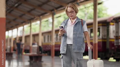Asian Senior Woman Using Mobile Phone Waiting Train Station Platform Travel Leisure Journey
