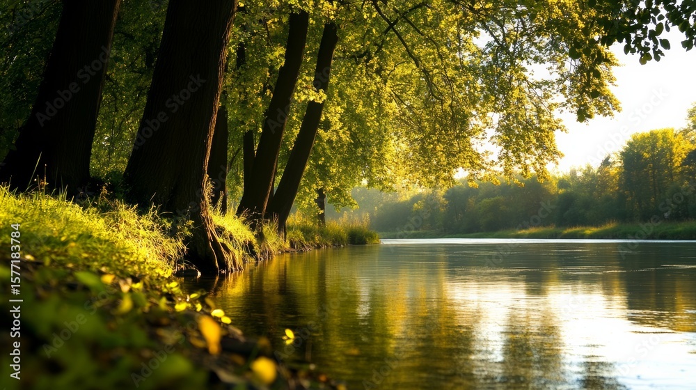 Obraz premium peaceful riverbank with trees reflecting in the water, no people