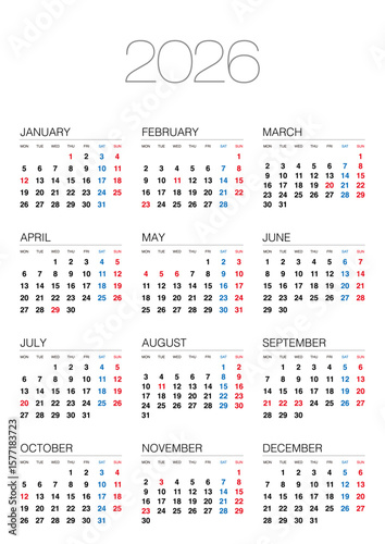 2026年の月曜始まりの年間カレンダーです。縦位置