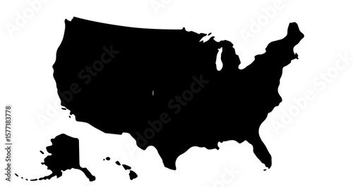 Black silhouette of the united states of america including alaska and hawaii on a white background