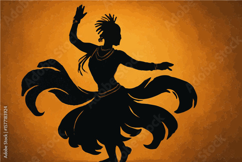 Silhouette of a woman in a dancing pose with an elaborate skirt against a golden background design