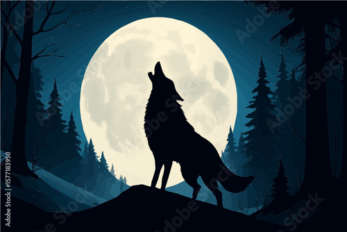 Silhouette of a wolf howling at the full moon in a dark forest with pine trees in the background scene
