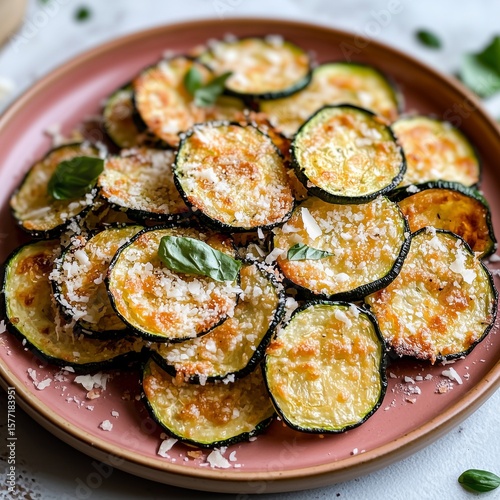 Crunchy zucchini chips sprinkled with parmesan cheese offer a flavorful Mediterranean snack. Perfect as a side dish or appetizer, they are both healthy and satisfying for any gathering.
