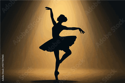 Silhouette of a ballerina performing on stage with a spotlight shining on her and a dark background
