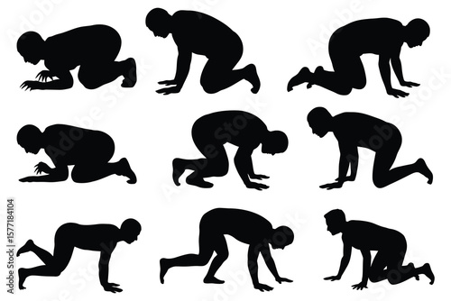 Human figures crawling in various poses silhouette