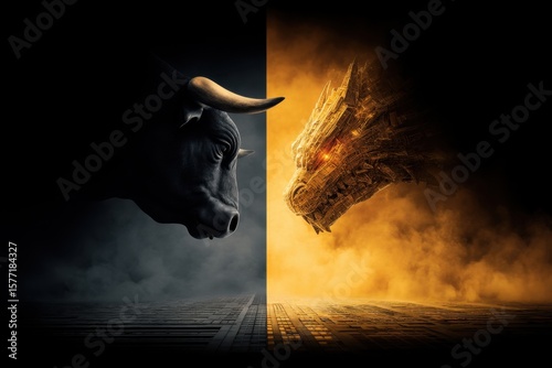 Fierce Battle Between Mythical Creature and Mechanical Dragon in Dark Fiery Scene