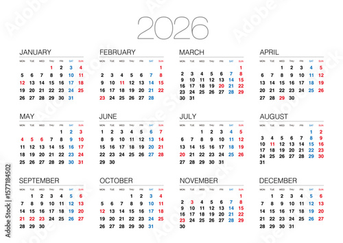 2026年の月曜始まりの年間カレンダーです。横位置
