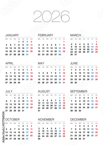 2026年の月曜始まりの年間カレンダーで、日本の祝日表記はありません。縦位置