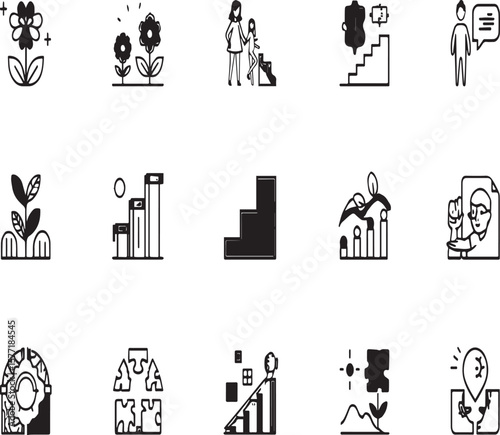 Collection of diverse icons representing growth, progress, and problem solving on white background
