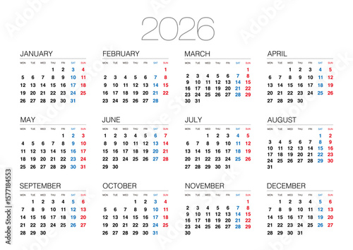 2026年の月曜始まりの年間カレンダーで、日本の祝日表記はありません。横位置