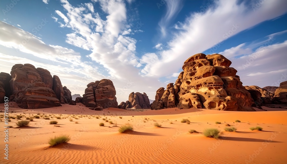 Dramatic sandstone formations and desert landscape under a sunny with cloudy sky. Dramatic sandstone formations and desert landscape under a sunny with cloudy sky.
