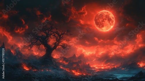 Fiery moonlit desolate landscape