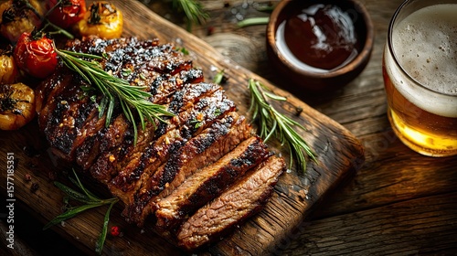 Grilled steak beer board with rustic wood background, hearty pub meal food styling concept for culinary design ads