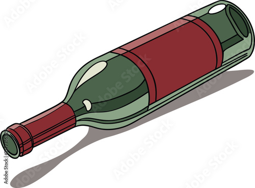 Stylized illustration of a green glass wine bottle with a red label and a subtle shadow on a white background