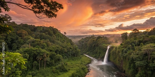 amazon rainforest, tropical vegetation, jungle landscape with creek, rocks overgrown with moss, riverbank plants and lianas, fictional landscape created with generative ai 