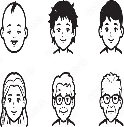 Cartoon illustration showing the stages of human life from infancy to old age on a white background