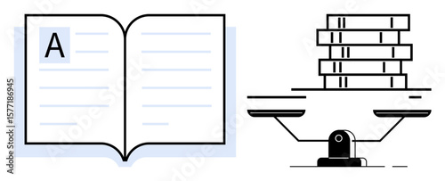 Open book and balanced scale holding stacked books, symbolizing equality, education, and fairness. Ideal for justice, knowledge, law, equality learning research balance. Simple flat metaphor