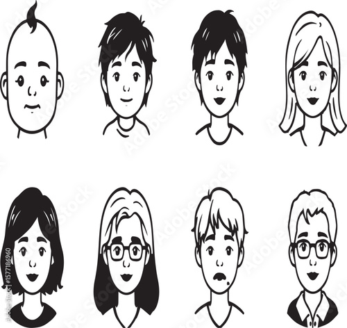 Cartoon avatars depicting human aging process with diverse hairstyles and facial features shown clearly