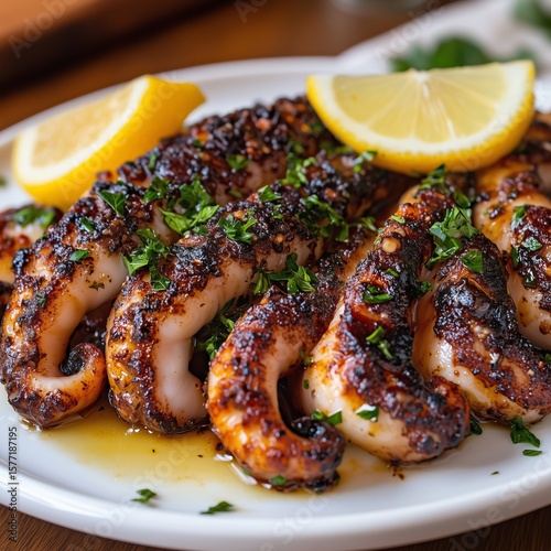 Grilled octopus is garnished with fresh lemon slices and parsley, presented on a plate in a Mediterranean dining setting, highlighting vibrant colors and delicious textures.
