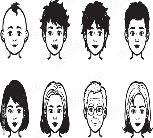 Illustration showing stages of human life from baby to elderly man and woman on white background