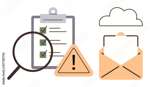 Magnifying glass over checklist, warning sign, email, and cloud suggest evaluation, task management, notifications, communication. Ideal for productivity, organization warning alert email
