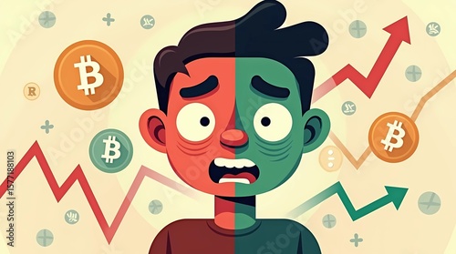 Character with a split face showing fear and greed in crypto